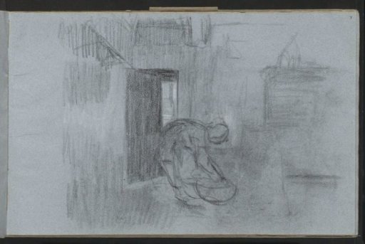 Interior with a woman bending over a basin
