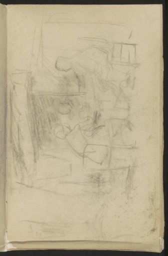 Interior with three figures around a table