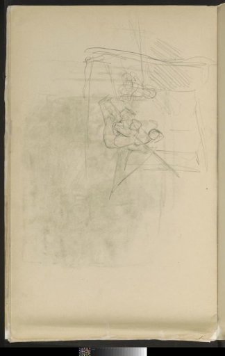 Interior with three figures sitting on the floor