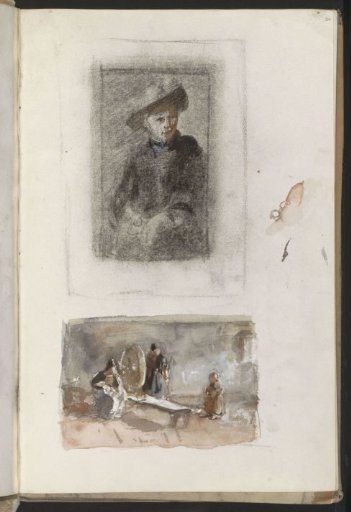 Portrait of a woman and an interior with figures