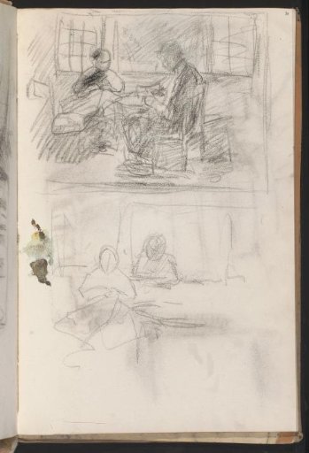 Interior with two figures at a table by an open window