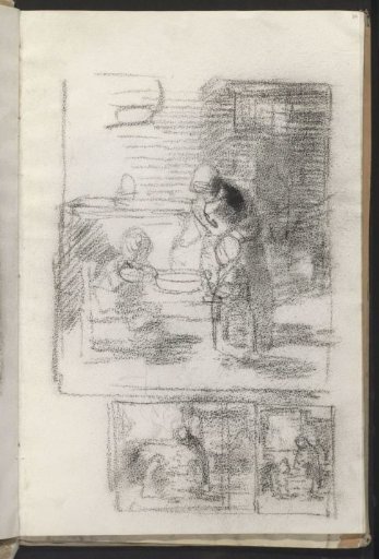 Interior with a mother serving a meal to her two children