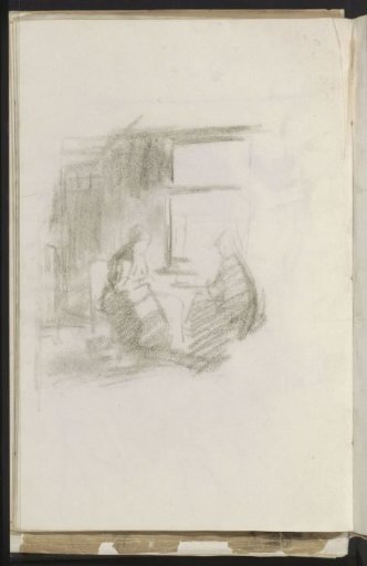 Interior with two women doing needlework by a window