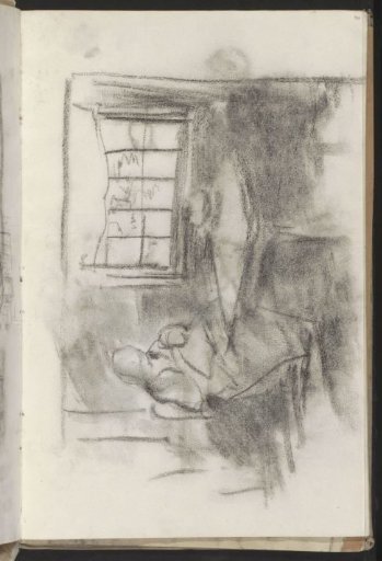 Interior with a woman doing needlework at a table by the window
