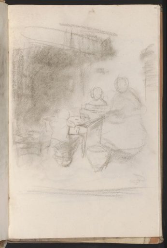 Peasant interior with a woman and two children at a table by the fireplace