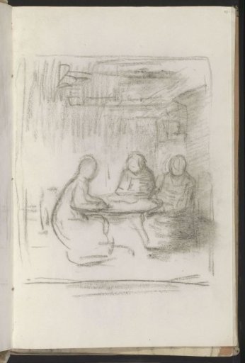Interior with three figures around a table