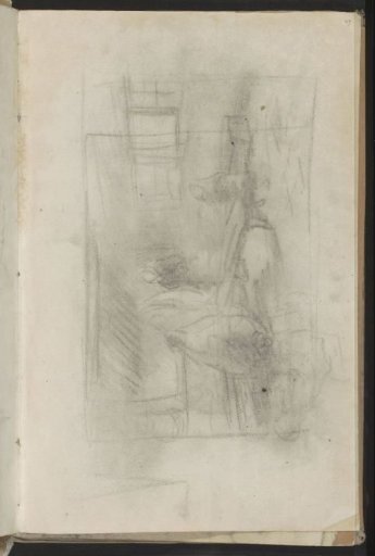 Interior with three figures around a spinning wheel