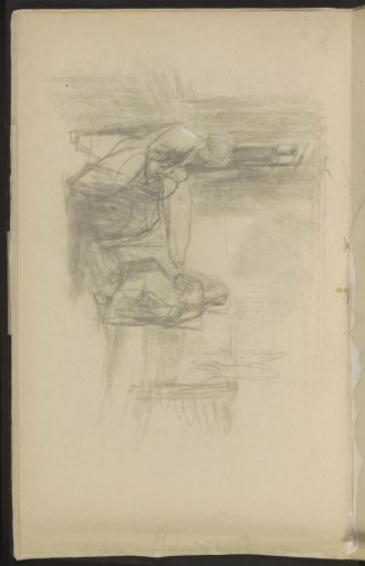 Interior with two women doing needlework at a table