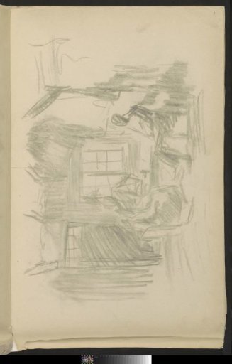 Interior with three figures around a table by the window