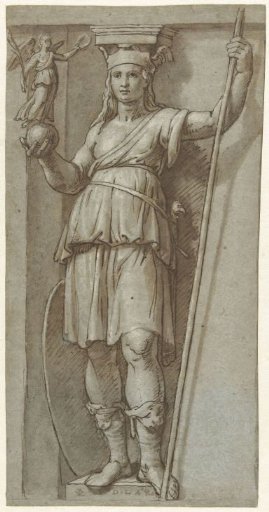 Standing woman with a staff and a figure on a sphere in her hands
