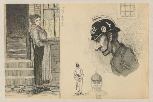 Woman in front of a house and three depictions of a police officer