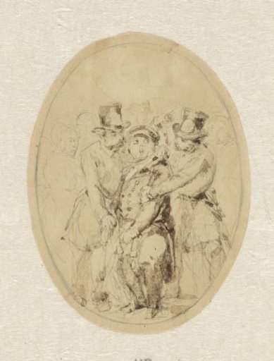 Man Being Supported by Two Gentlemen in Civilian Dress