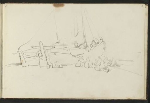 Figures by two bomb ketches on the beach