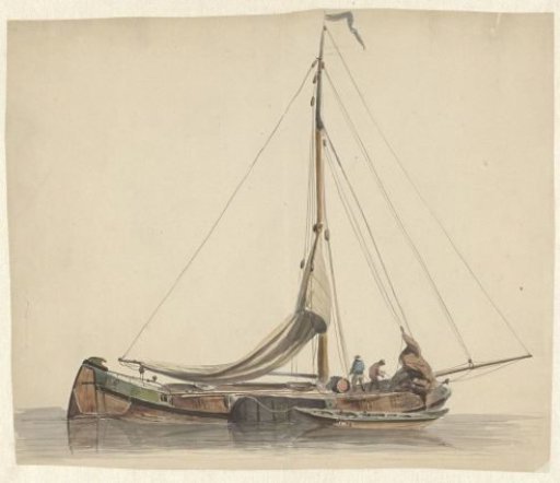 Two men working on a flat-bottomed boat with furled sails