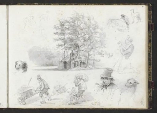 Study sheet with a barn, dogs and figures