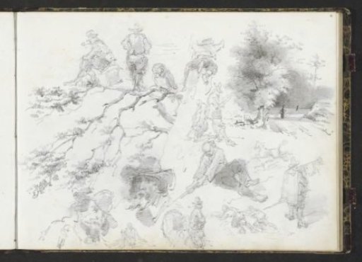 Study sheet with labourers, heads, animals and a forest view