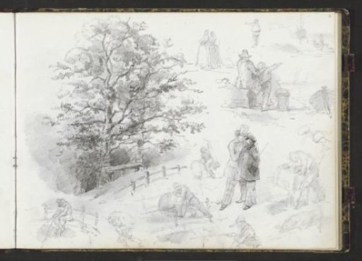 Study sheet with labourers, walking and playing figures and a forest view