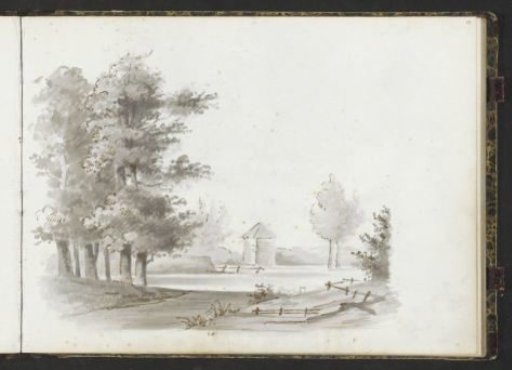 Landscape with trees and a tower