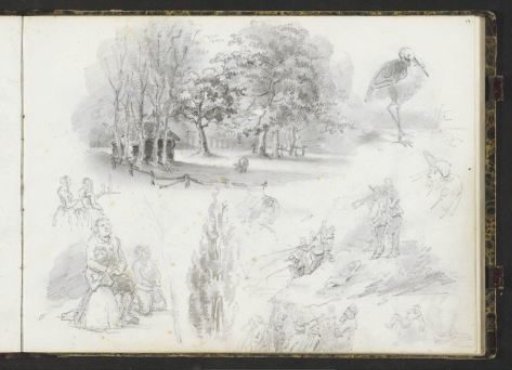Study sheet with fishermen, figures, a woodland view and a stork