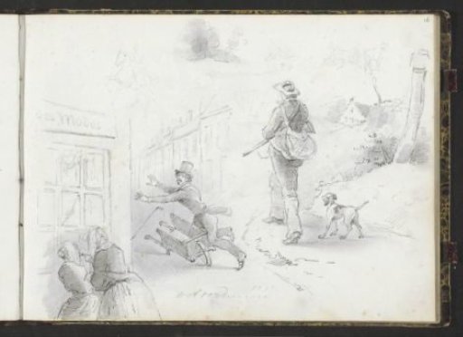 Man with a handcart on a street and a hunter on a path