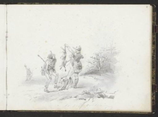 Two hunters with a slain hare