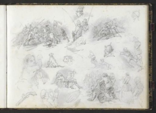 Study sheet with cavalry battles, fishermen, heads and dogs