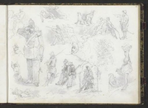 Study sheet with soldiers, dogs and figures in various poses
