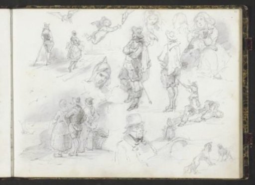 Study sheet, among others with figures in historical costume, girls and dogs