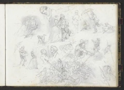 Study sheet with soldiers, a battle and lovers