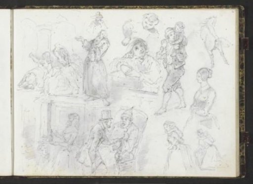 Study sheet with mothers with children, a rearing horse and a monk