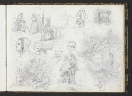 Study sheet with a battle, monks and figures in historical costume