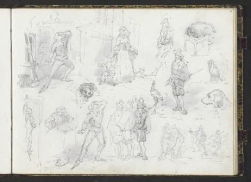 Study sheet with figures in historical costume, dogs and a reading man