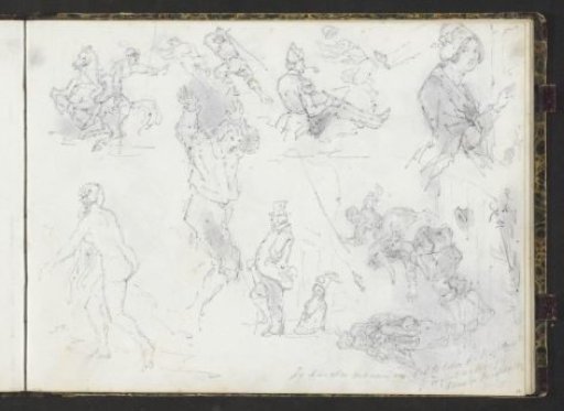 Study sheet with a rider, a female nude and falling figures