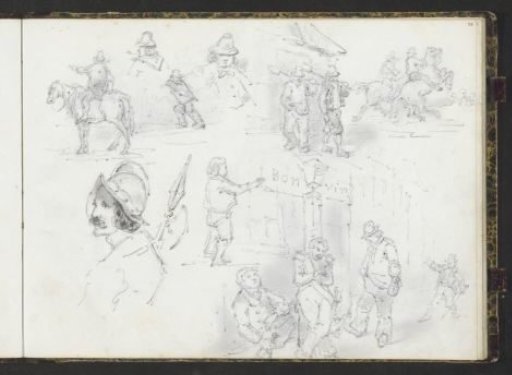 Study sheet with men in front of a café, a rider and a soldier