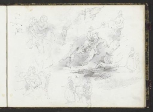 Study sheet with a loving couple, a hunter and a falling man with a dog