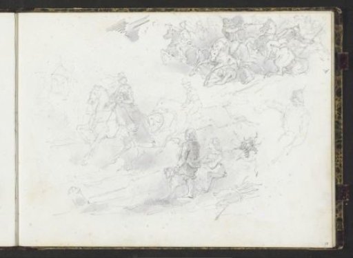 Cavalry fight and a landscape with figures and riders