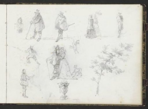 Study sheet with figures, dogs, a vase and a tree