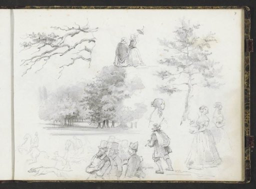 Study sheet with figures, riders with dogs and trees