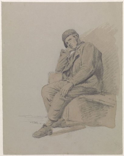 Figure study of a seated man with a cap on