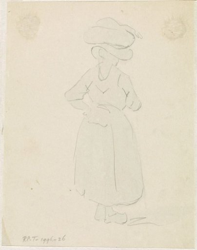 Sketch of a woman with a basket on her head, seen from behind