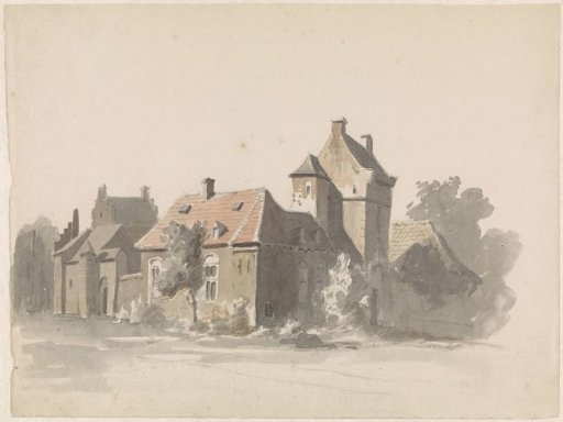 View of a group of houses with a city gate (?)