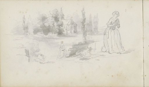 Church in a landscape, a walking and a standing woman