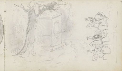 Three riders and a pedestal next to a tree