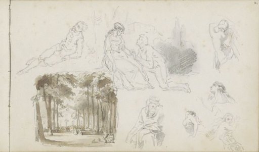 Study sheet with (nude) figures and the driveway of a country house