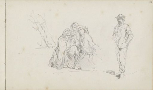 Kneeling women by a cradle and a standing man