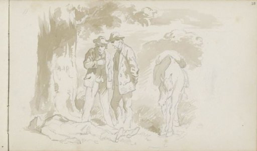 Two men with a possibly dead man under a tree