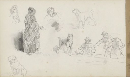 Study sheet with dogs, horsemen, and figures