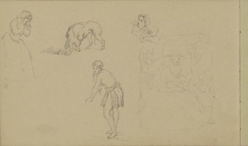 Study sheet with women, girls, and dogs