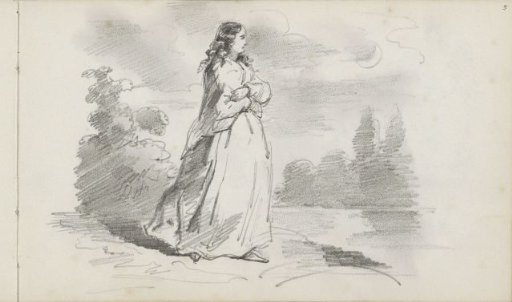 Woman at a waterside by moonlight