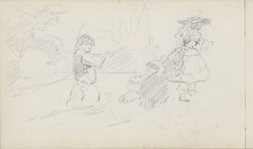 A pointing boy and a walking girl